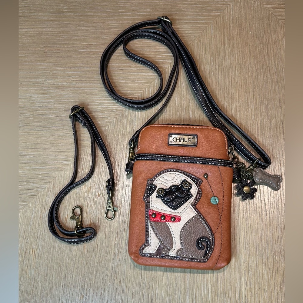 Chala Brown Crossbody Phone Bag with Pug Applique